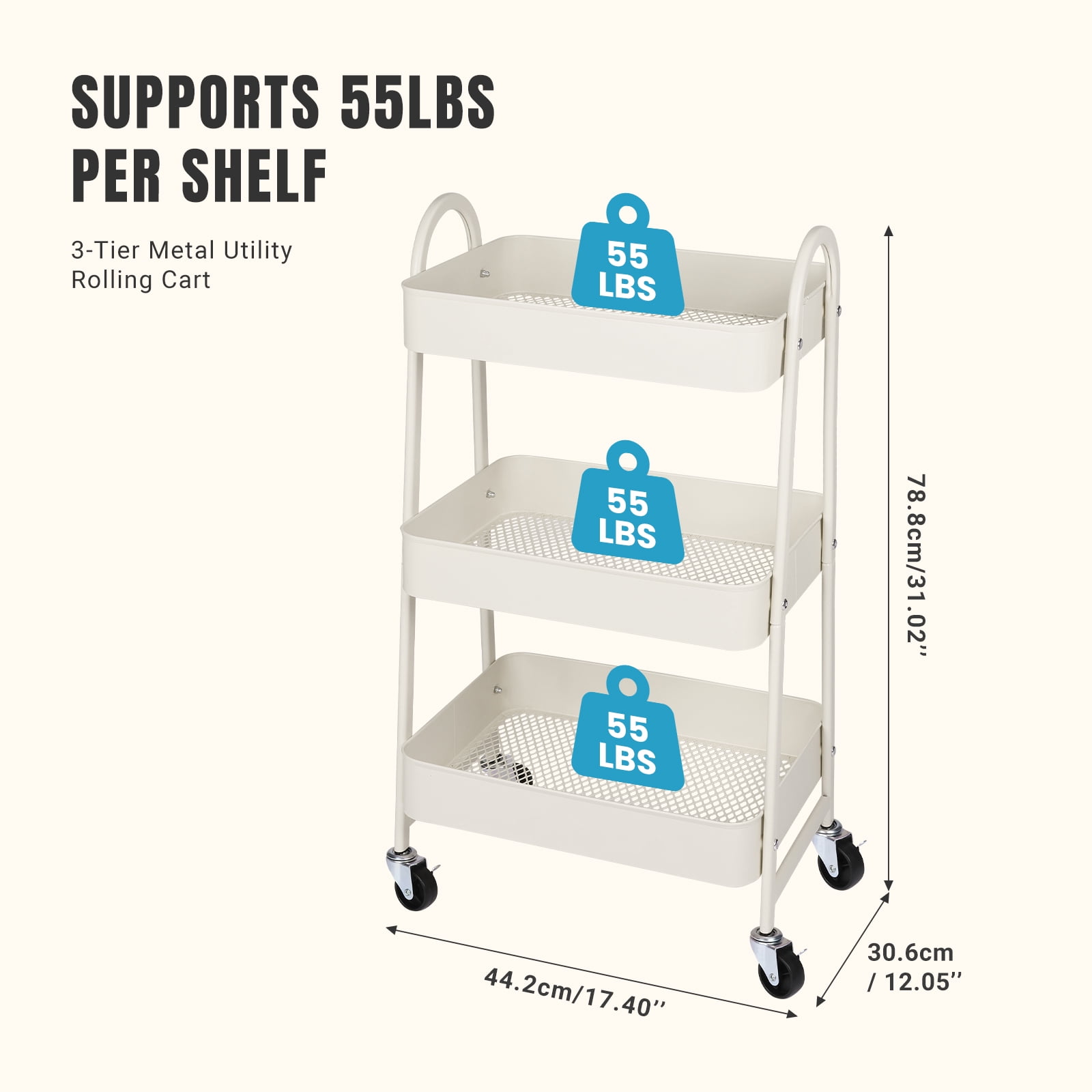 GIANNA 3 Tier Rolling Cart Organizer, Plastic Rolling Cart with Lockable Wheels & Reinforced Handle, Lightweight Utility Cart Storage Cart for Nursery, Kitchen, Bathroom, Craft Room