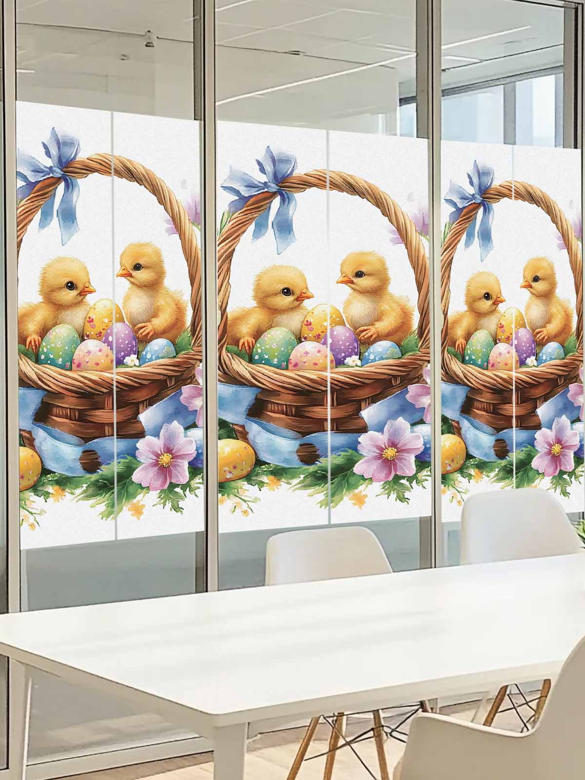 Easter Basket Chick Window Privacy Film, Watercolor Yellow Green Eggs Spring Purple Floral Leaf Frosted Glass Window Clings Static Cling UV Heat Blocking Reusable Sticker for Bedroom 23.6x59 Inch