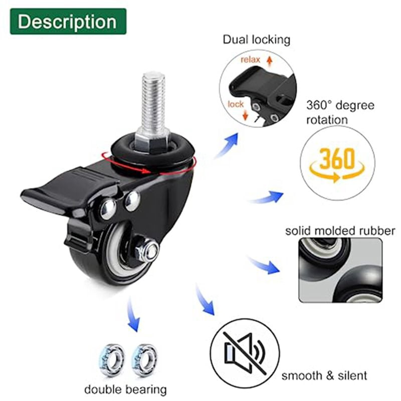 Casters Wheels, Casters Set of 4 Heavy Duty - Threaded Stem Mount (5/16in) Swivel Casters with Brake, for Cart Furniture