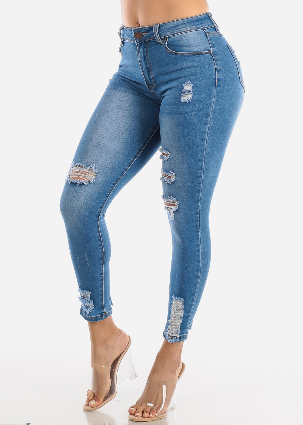 Moda Xpress - Womens Juniors High Waisted Skinny Jeans - Distressed ...