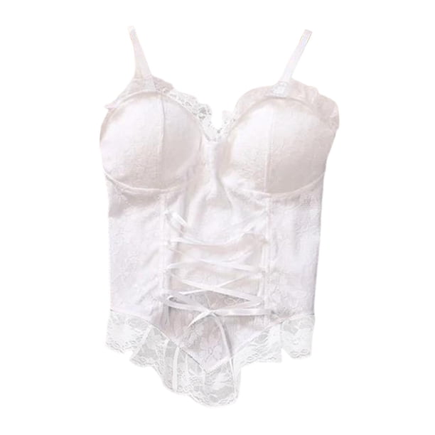 Camiseta de tirantes de encaje para mujer, lencería, lolita, faja, corsé, corpiño, espagueti delantero Blanco