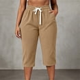 thumbnail image 4 of Ruimatai Women Capri Cropped Pants High Waist Drawstring Elastic Waistband Side Pockets Ribbed Textured Loose Casual Summer Trousers, 4 of 9