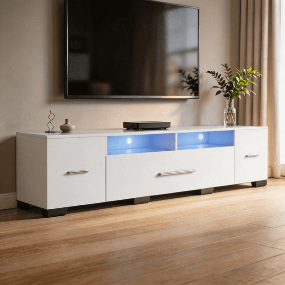 SAYGOGO LED TV Stand for up to 80 Inch TV, White | Modern Entertainment Center with Power Outlet & Storage, for Living Room