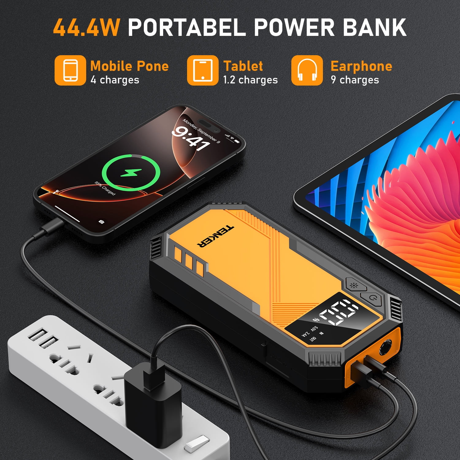 TENKER 6000A Car Battery Jump Starter, Portable Car Jump Starter with USB Quick Charge and DC Output, 12V Jump Pack with Built-in LED Bright Light, LCD Screen, Portable Power Bank Charger, Orange