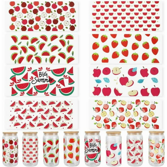 8 Sheets 8 Styles Fruit UV DTF Cup Wraps Glass Cup Sticker Wrap Summer Red Watermelon Strawberry Transfer Plastic Waterproof Decorative Decals DIY