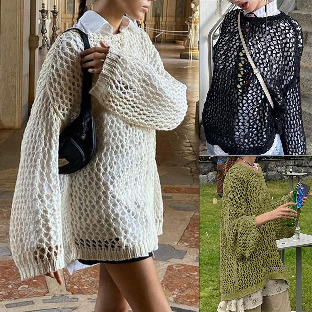 Women Crochet Sweater Streetwear Jumper Loose Top Fishnet