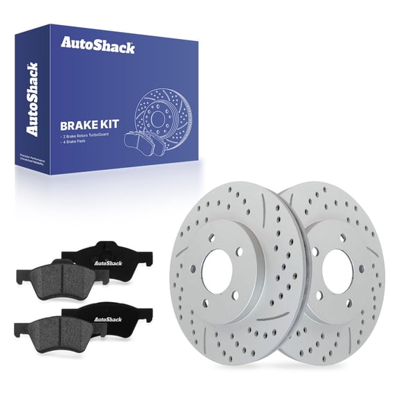 AutoShack Front Vented Drilled & Slotted Coated Brake Rotors Silver Matte Finish   Premium Ceramic Pads 6-PC Brake Kit Replacement for 2005-2010 Ford Escape TurboGuard 11.92" (302.7 mm)