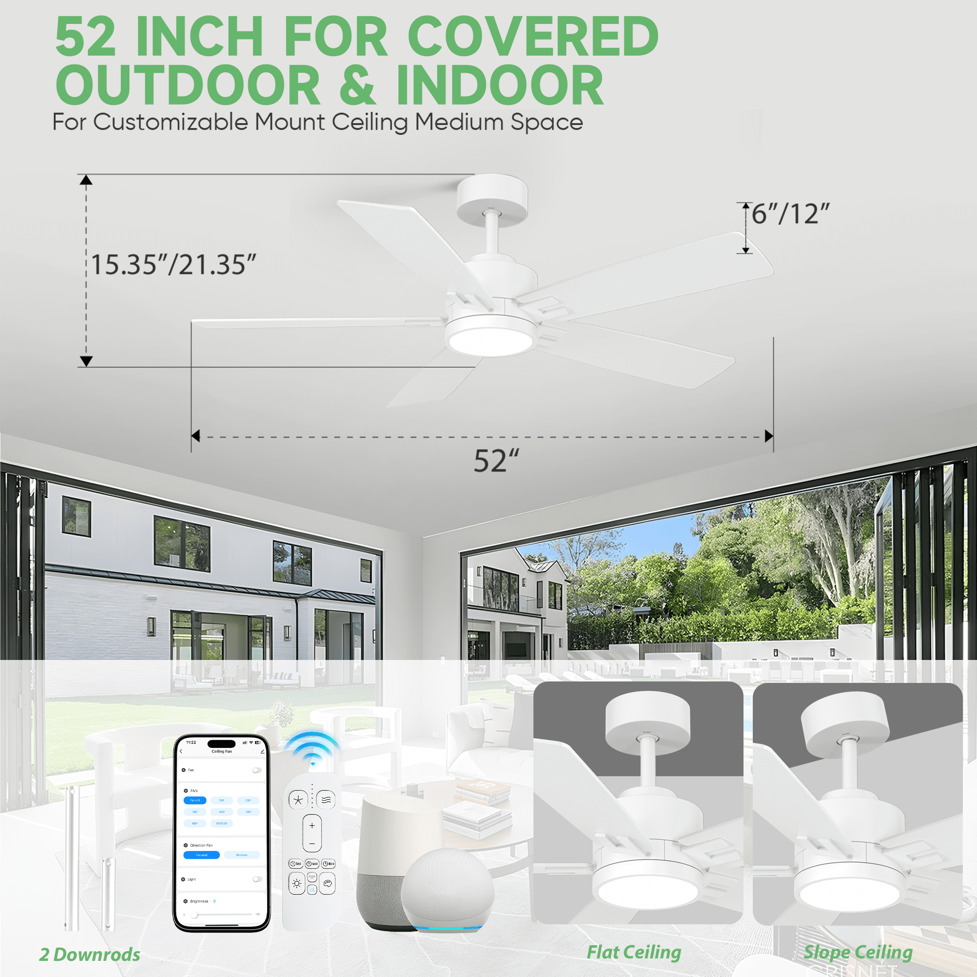 52 inch White Ceiling Fan with Light, Works with Alexa & App, Quiet Reversible DC Motor for Indoor Outdoor, 4-in-1 Modern Style with 2 Sets of Reversible Blades