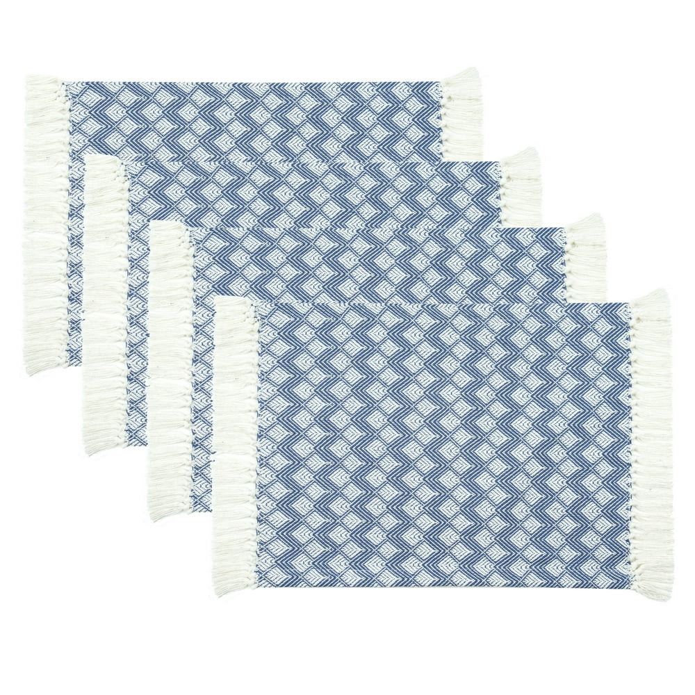 Sticky Toffee Cotton Woven Placemat Set with Fringe, Scalloped Diamond