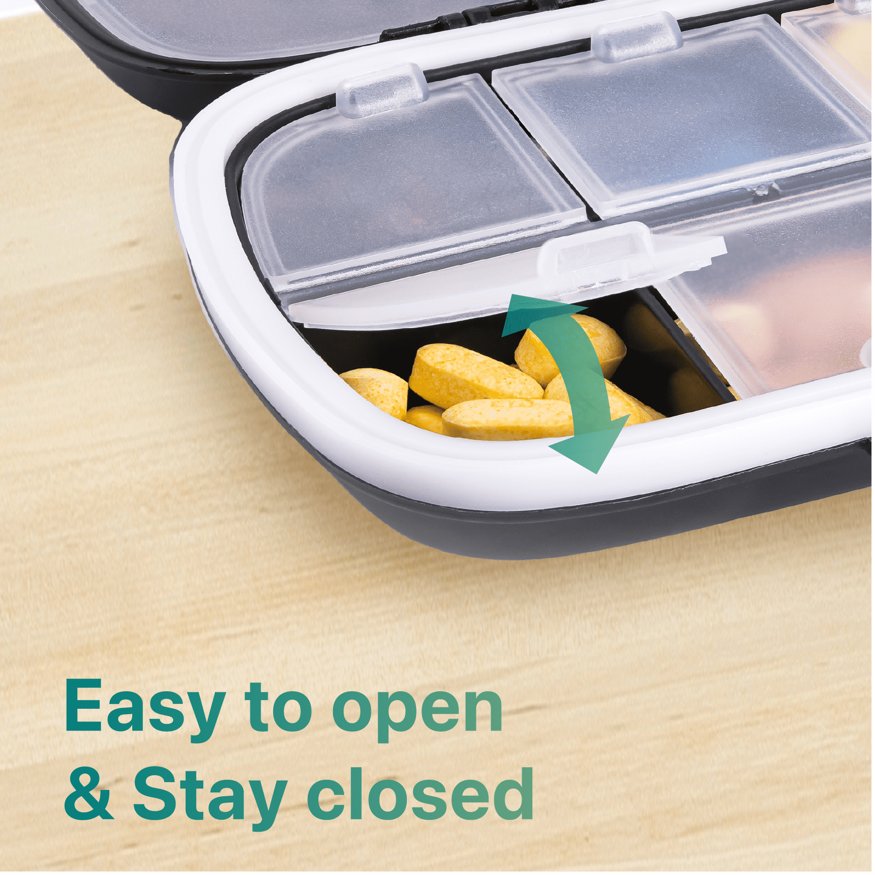 Sukuos Daily Use Pill Organizer, 8 Compartment, Easy to Open, Large Capacity, Portable, Black, 1 Pack