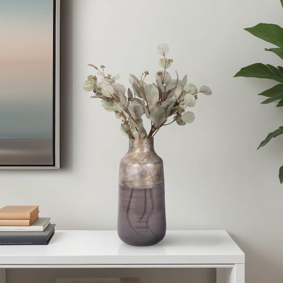 Modern Glam Glass Vase - Handcrafted Decorative Tall Glass Flower Vase for Home, Office, Bedroom & Living Room - Elegant Finish - 15" Gray & Silver