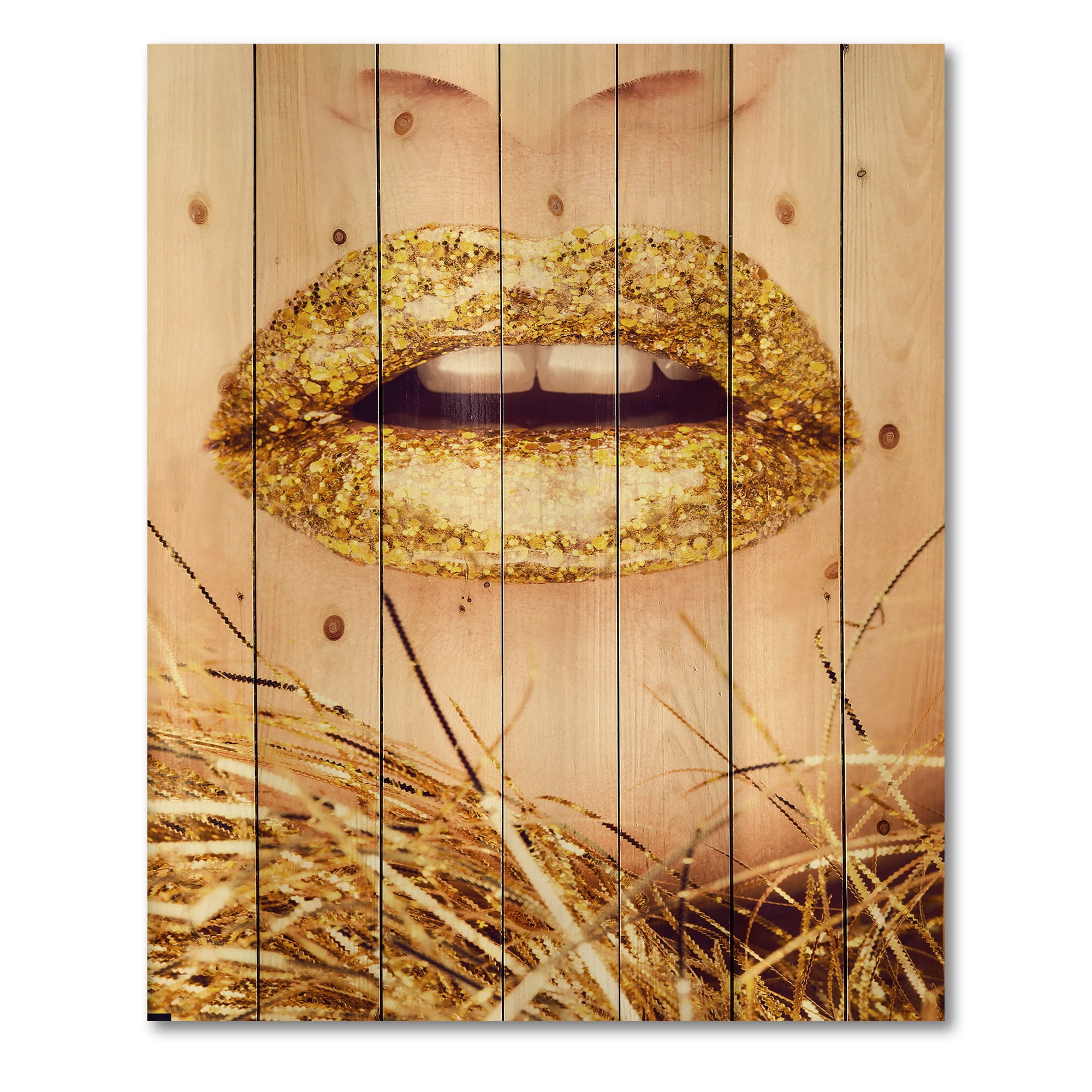 Designart 'Close-Up Of Golden Female Lips I' Modern Print on Natural Pine Wood