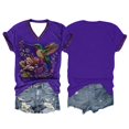 thumbnail image 4 of Tshirt Women Skin Friendly Floral Hummingbird Print V Neck Short Sleeve Tee Weekend Women Blouse, 4 of 5