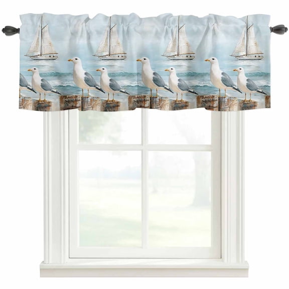 Coastal Seagull Kitchen Valances for Windows, Summer Beach Vintage Nautical Sailboat Bathroom Window Valances 54x18 Inch Rod Pocket Window Treatments Valance Curtains for Living Room Bedroom Decor