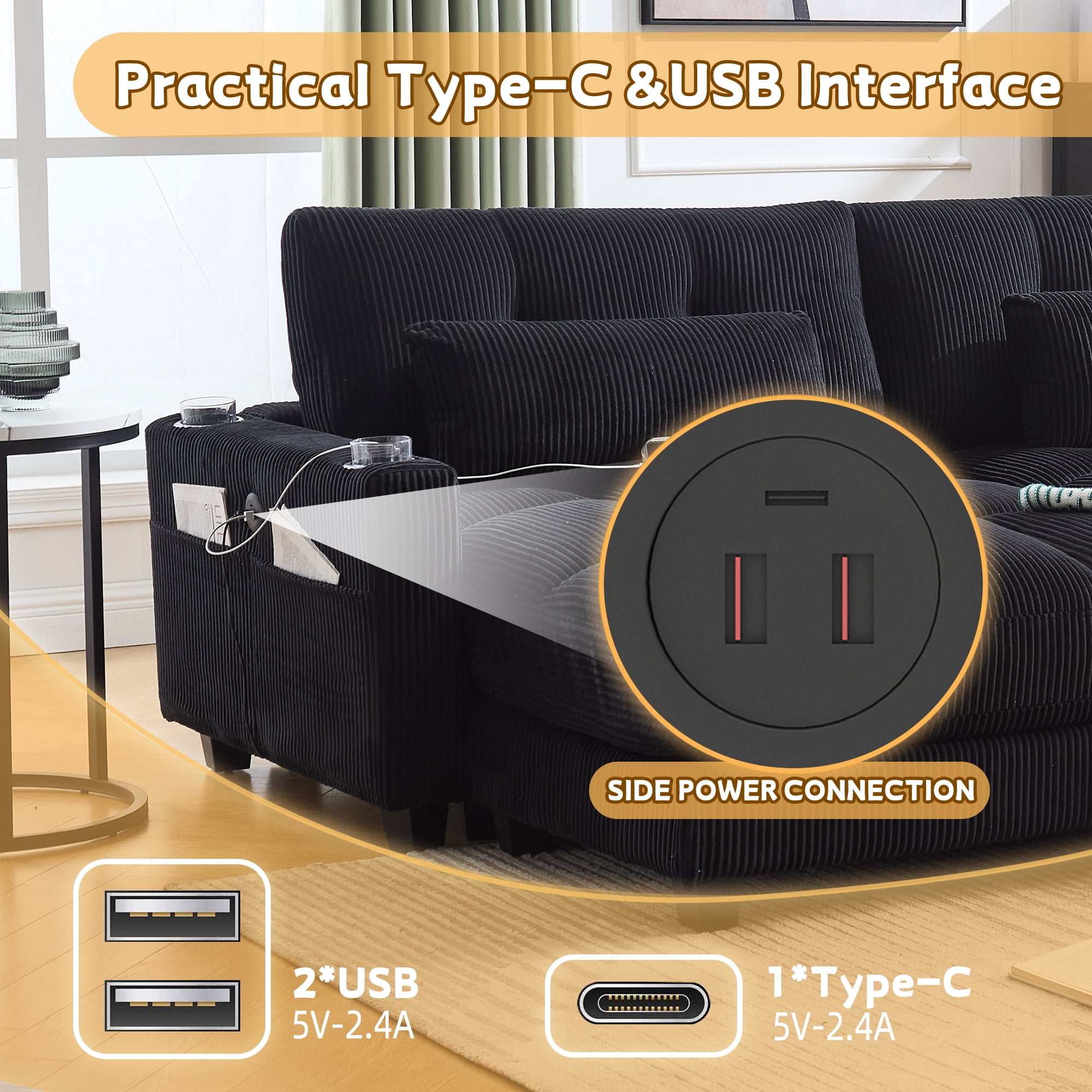 MOONMISS Corduroy Upholstered Soft Deep Seat Sofa with USB,Type-C&2 Cup Holders-Black