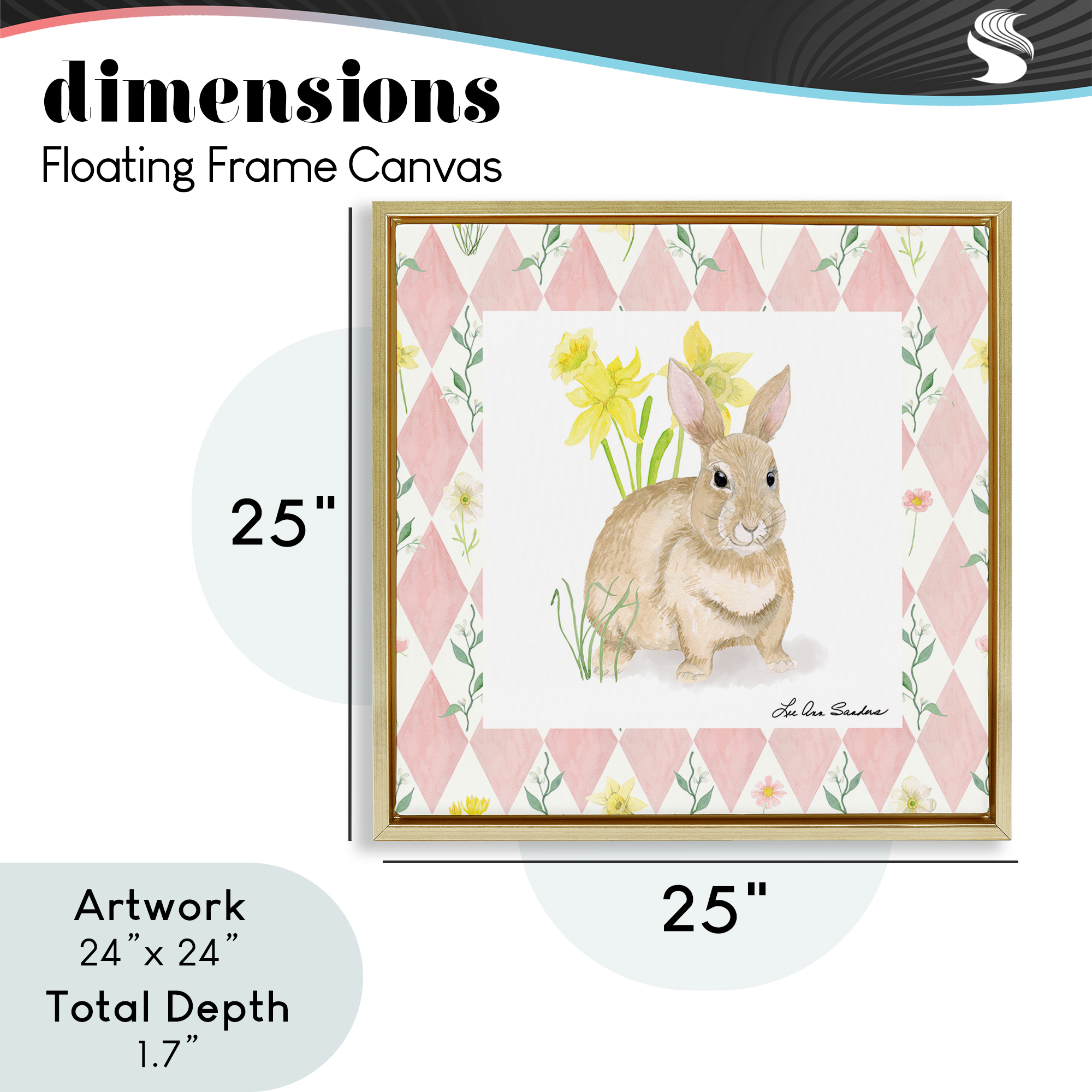 Bunny on Pink Argyle Gold Framed Floater Canvas Wall Art, design by Lee Ann Sanders