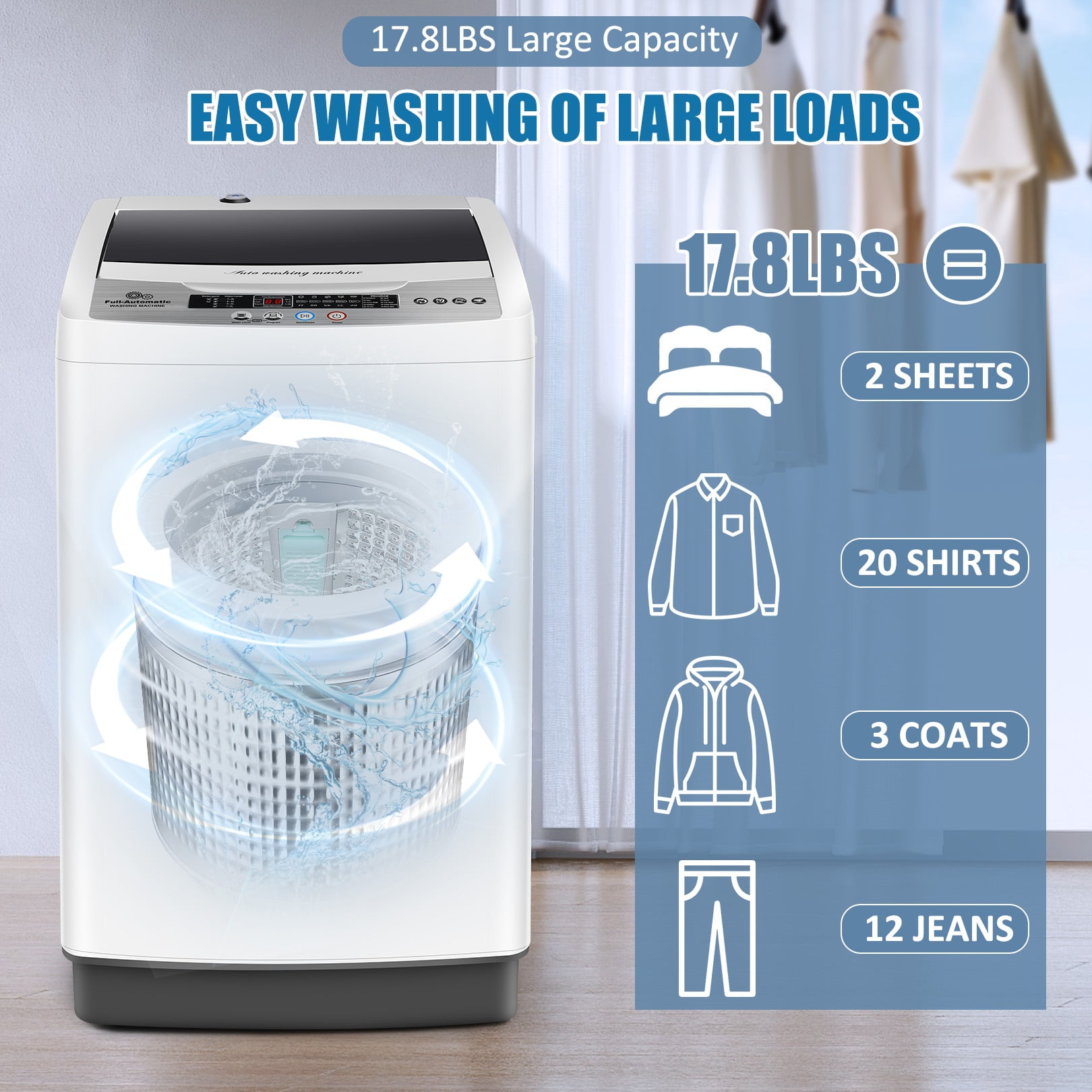 Adnoom Portable Washing Machine, 18.7lbs Full Automatic Compact 10 Programs & 8 Water Levels Washer Machine with Child Lock and LED Display, Low Noise Laundry Wash for Apartments, Home, Dorms