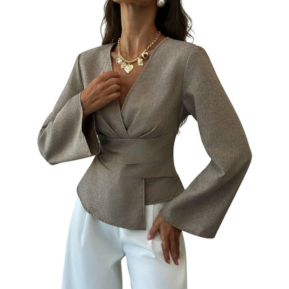 Women'S Wrap V Neck Work Blouses Dressy Casual Asymmetrical Pleated Business Tops Brown S