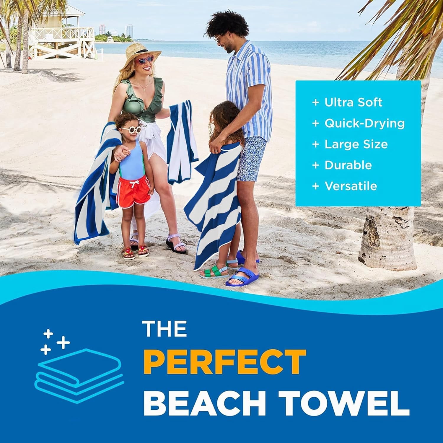Kaufman - Large Beach Towel | 30" x 60" Terry Cabana Striped Beach Towels | Absorbent, Quick-Drying | Cotton Thick Beach Towels (Blue/White, 4-PK)