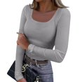 thumbnail image 2 of Resicozy Womens Long Sleeve Square Neck Ribbed Fitted Casual Tops Tee Slim Fashion Solid Color Basic Shirts Light Gray M, 2 of 7