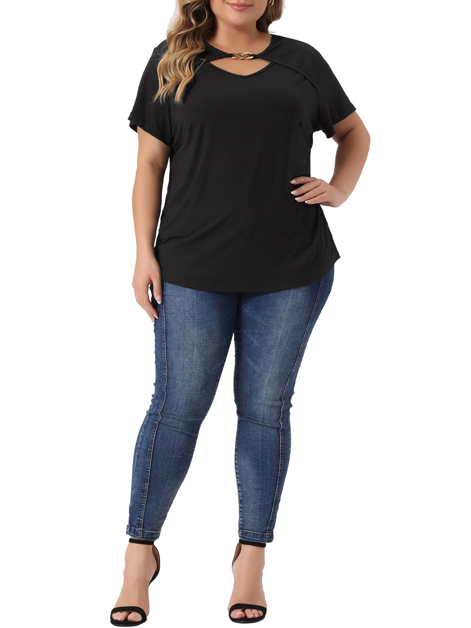 Unique Bargains Women's Plus Size Basic Top Short Sleeve Metal Chain Front T-Shirts 1X Black