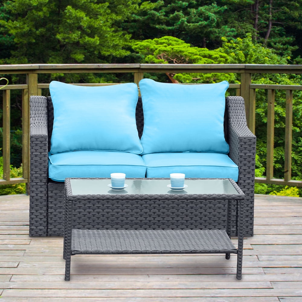 Patio Loveset PE Rattan Wicker Chairs with Glass Table, All Weather