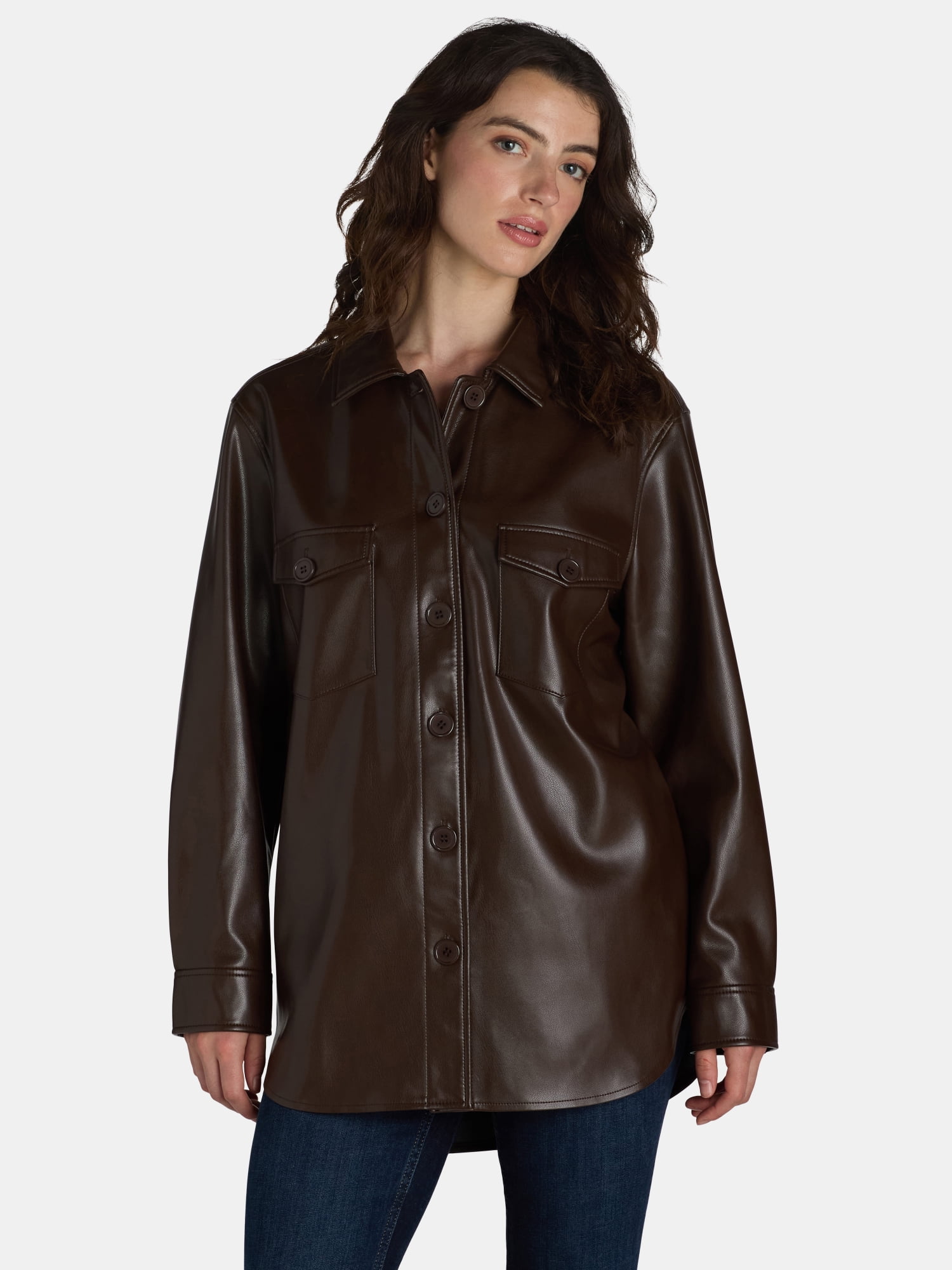 Time and Tru Women's Faux Leather Shacket, Sizes XS-XXXL