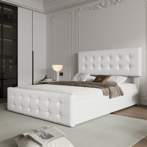 Eastvita Full/Queen/King Size Bed Frame 78" x 55.1", Upholstered Platform Bed Frame with 4 Storage Drawers, Diamond Stitched Headboard, Sturdy Wood Slats, No Box Spring Needed