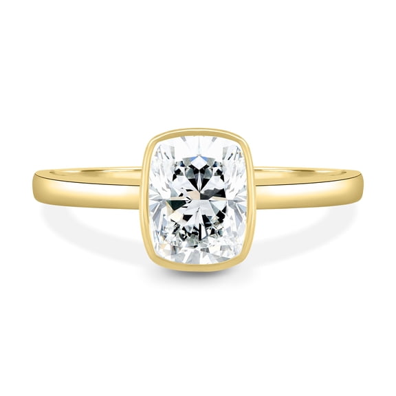 3.00Ct Elongated Cushion Cut Moissanite Bezel Set Engagement Ring, Cathedral, 10K Yellow Gold