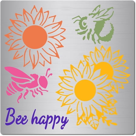 6.3" x 6.3" Bee Sunflower Metal Stencils Floral Bee Happy Stainless Steel Templates Reusable Decoration Ornament Wood Burning Painting DIY Projects Matte Stainless Steel Color