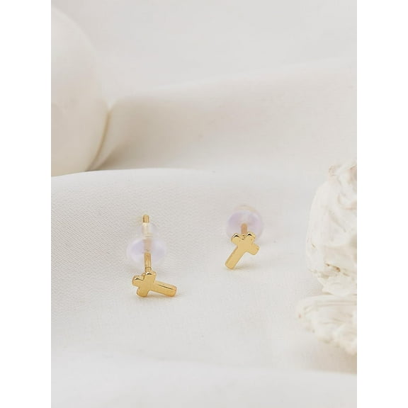 1Pair Brass Cross Stud Earrings Real 14K Gold Plated Dainty Stud Earrings Cross Piercing Cartilage Earring Hoops and Studs for Women Elegant Gifts Personalized Jewelry 5.5x3.5mm