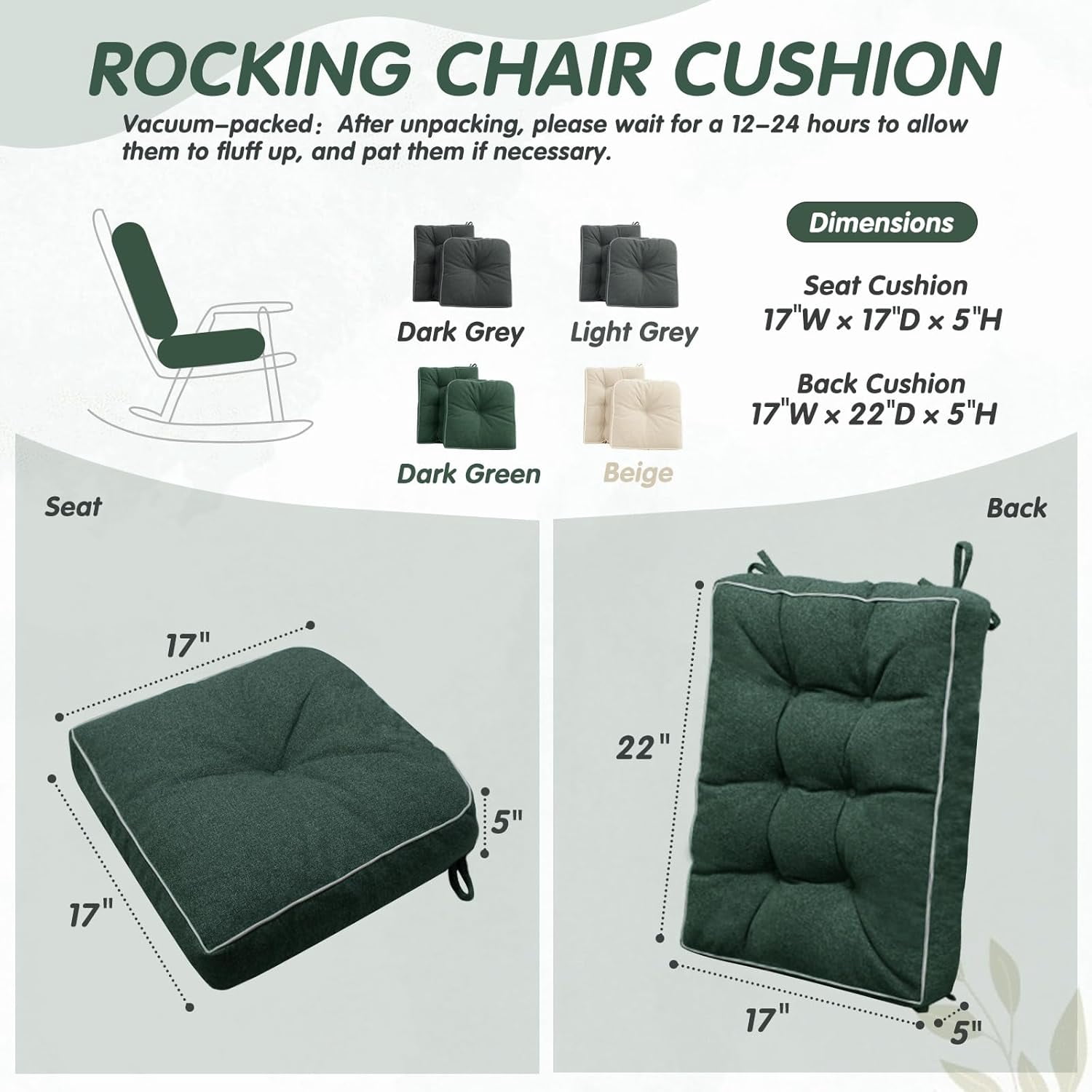 Parojati 22*17*5 Rocking Chair Cushion, Set of Thicken Seat & Back Chair Cushions with Memory Foam, Non-Slip Chair Pad with Ties for Indoor&Outdoor Rocker Dark Green