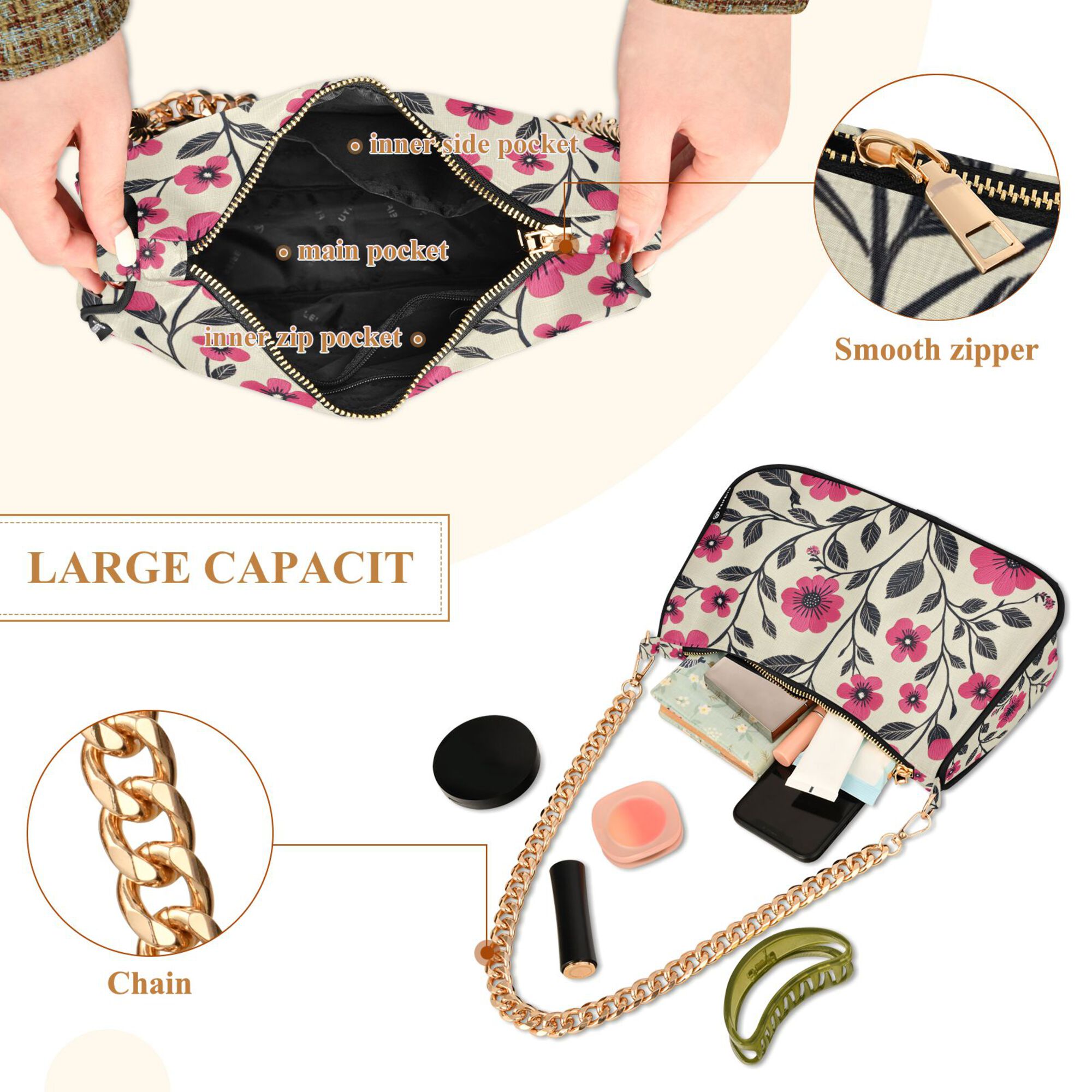 FORMRS Womens Shoulder Bag with Chain Strap Clutch Purse Cute Tote Handbag, Pink Flowers