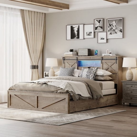 Farmhouse Queen Bed Frame with LED Lights and Charging Station, Wooden Platform Bed with 2 Storage Drawers, Rustic Sliding Barn Door Headboard Cabinets, No Box Spring Needed, Gray