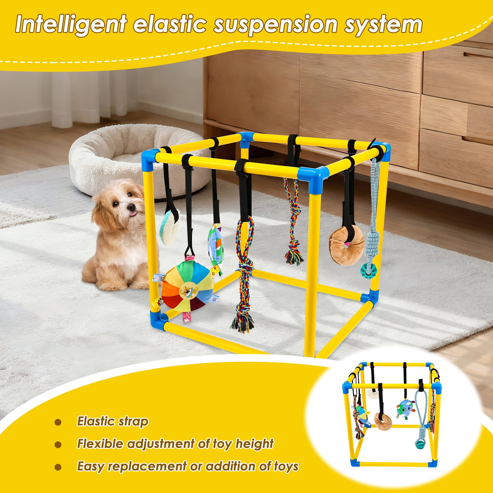 Threns Puppy Play Gym with 8 Hanging Toys,Removable Dog Enrichment Playground,Interactive Indoor Training Activity Center for Small Dogs