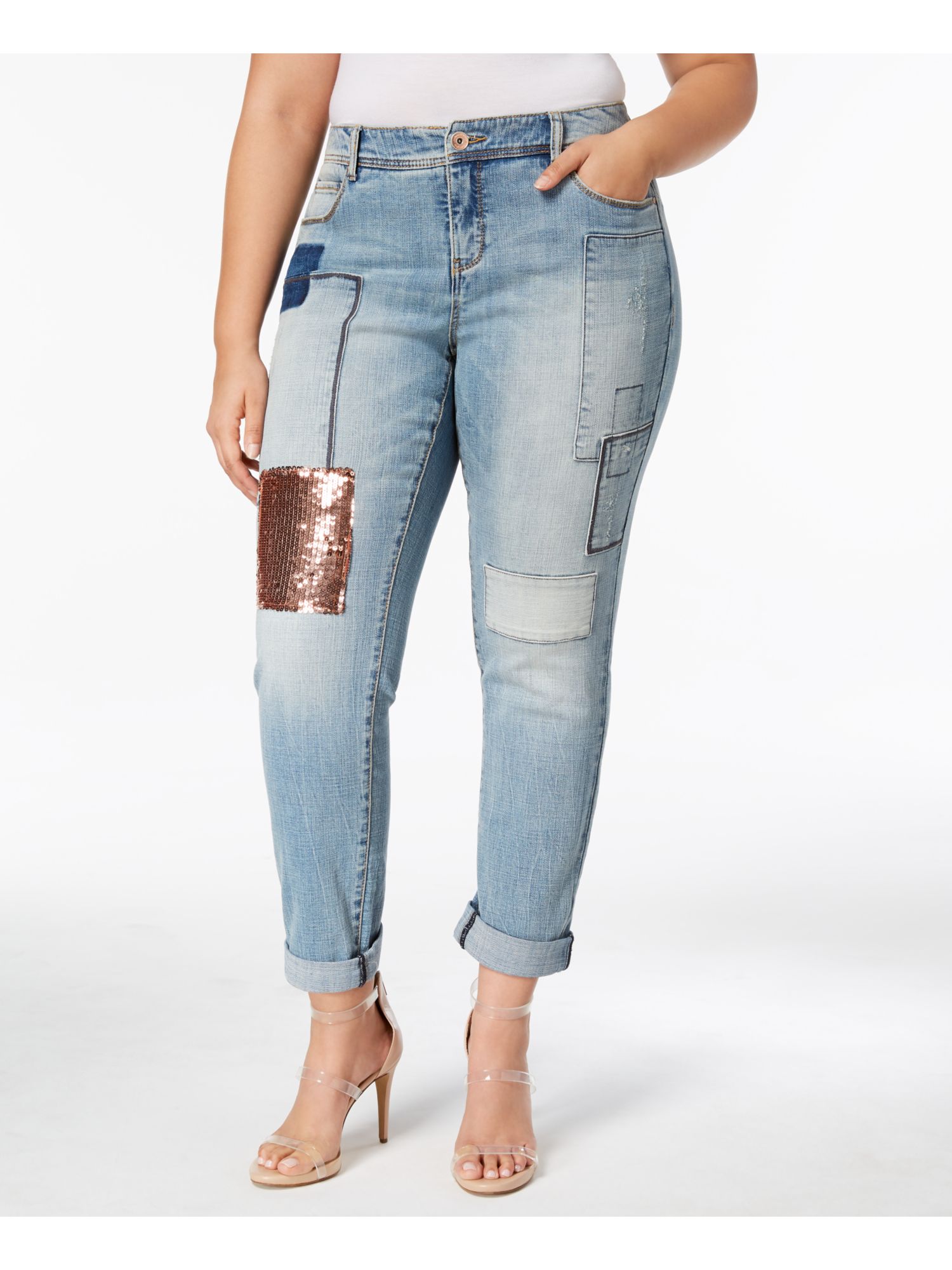 INC Womens Blue Sequin Patch Boyfriend 