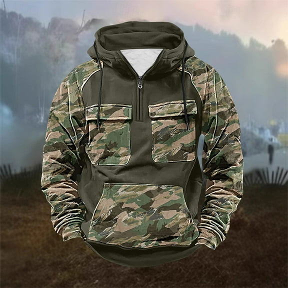 Zedker Men's Quarter Zip Performance Hunting Hoodie Cargo Hoodies for Men with Pocket Army Green L
