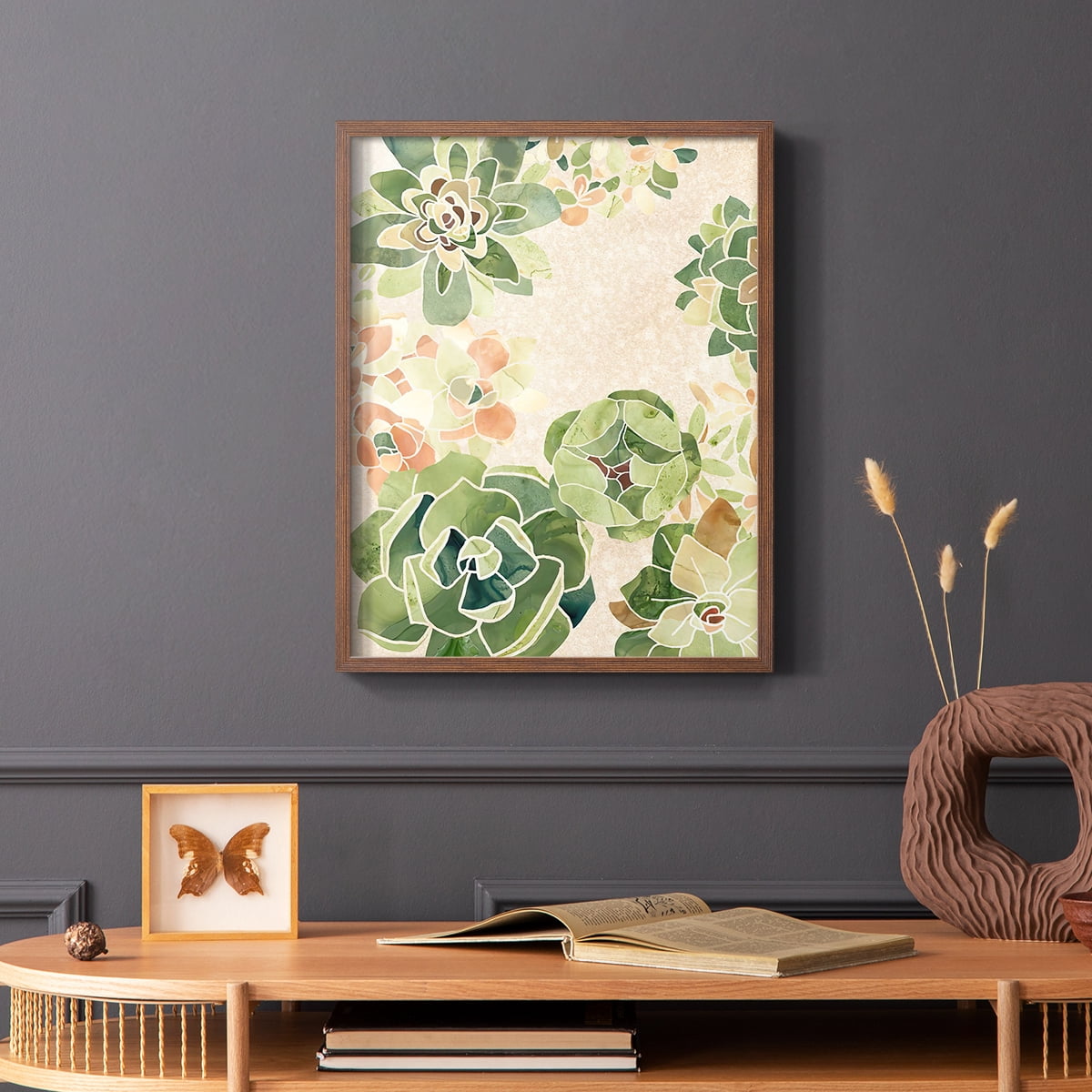 Stained Glass Succulents I Framed Print in Brown Solid Wood Framed Print No Nail Hanging