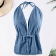thumbnail image 2 of DHFJKG Women Halter Denim Tank Top Sexy Low Cut Deep V Neck Backless Elastic Waist Camisole Going Out Versatile Tops, 2 of 5