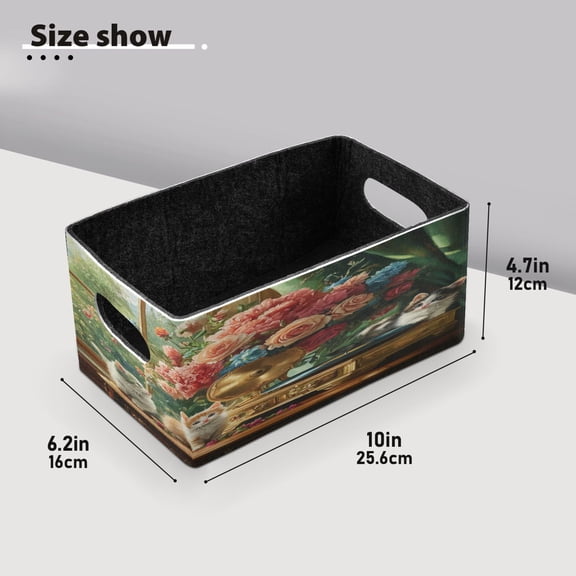 BZSMCE Shelf Baskets Kittens with Gramophone and Flowers Pattern Storage Cube Bins 10.1*6.3*4.7in Set of 2