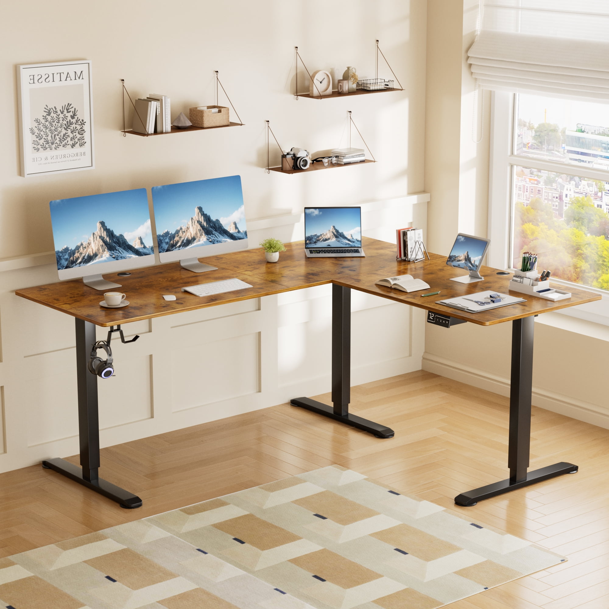 Furmax L-shaped Standing 63” W Electric Height Adjustable Computer Desk Sit-Stand Corner Desk for Home Office Lifting Range 28~46in with Memory Preset Controller, Brown