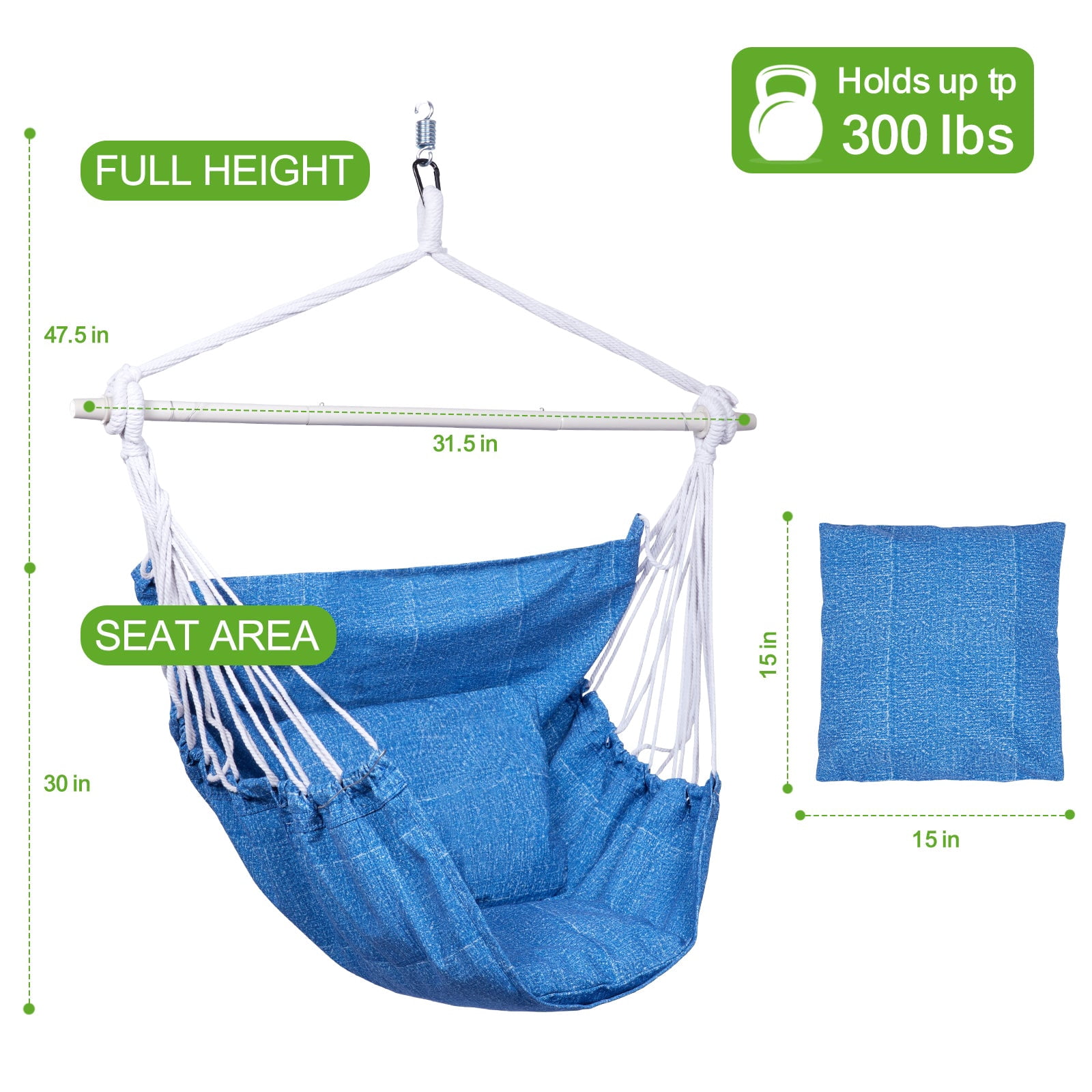Backyard Expressions Hammock Chair Hanging Rope Swing Chair, 2 Pillows, Anti Slip Steel Spreader Bar