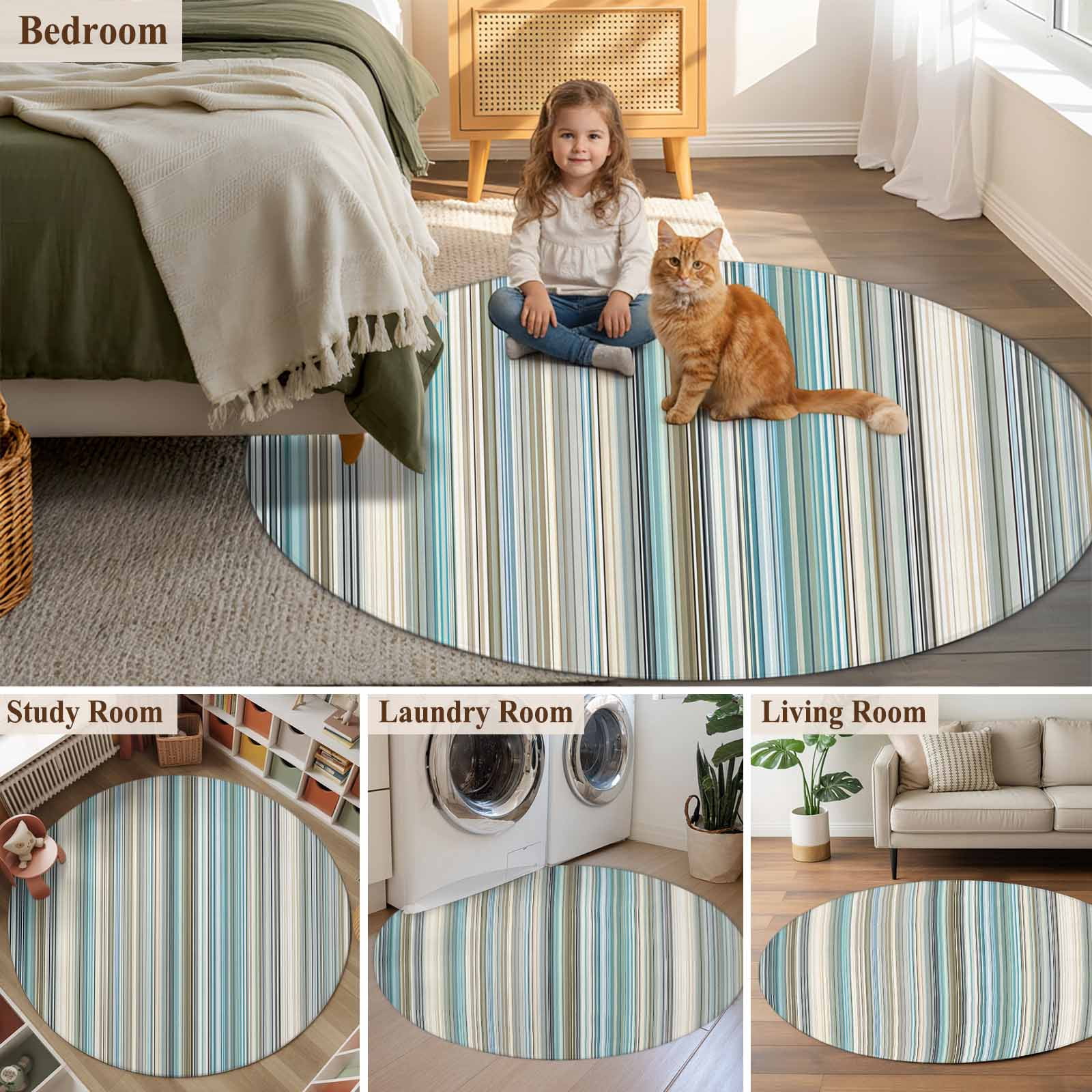 Light Blue Striped Round Area Rug 6Ft Washable Circle Rugs for Bathroom Office, Farmhouse Thin Line Modern Abstract Art Non-Slip Carpet Floor Mats Indoor Outdoor Carpet Runner Aesthetic Home Decor
