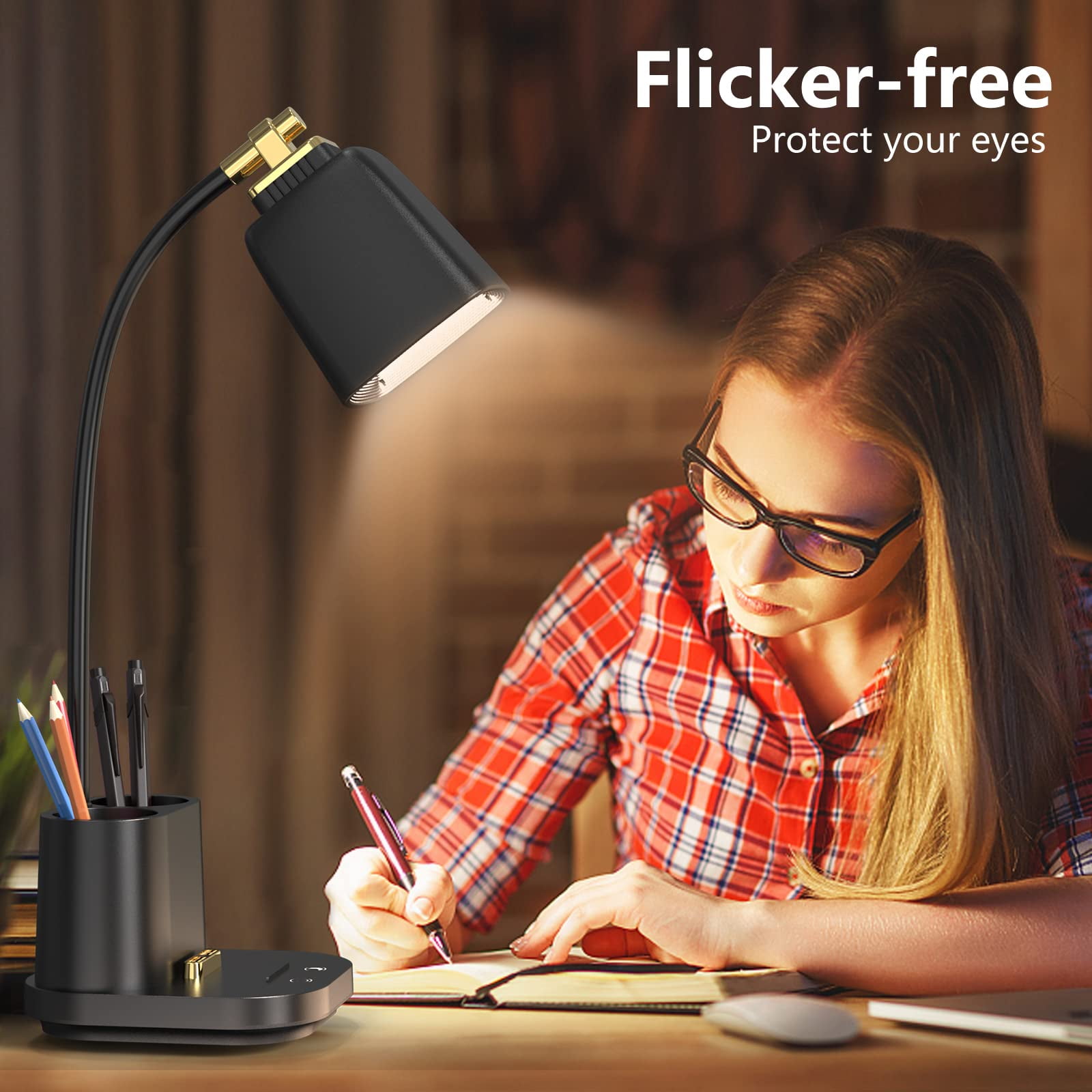 LED Desk Lamp with USB Charging Port Touch Control 3 Color Modes, Stepless Dimming, Home Office Desk Lamp, LED Small Desk Lamp in University Dormitory, Study Desk Lamp, Gooseneck Lamp