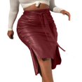 thumbnail image 1 of Women High Waist Button Trim Solid Color Slit Bodycon Leather Midi Pencil Skirt, 1 of 2