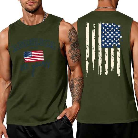 Hogleaql 4th Of July Tank Top for Men Patriotic Muscle Independence Day Printed Sleeveless Shirts Crewneck Patriotic Gym Fashion Vest Army Green 5XL