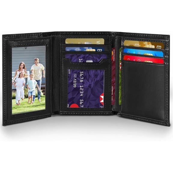 Mens Trifold Leather Wallet, RFID Blocking Wallets for Men,Tri Fold Wallet with 2 ID Window and 8 Card Slots
