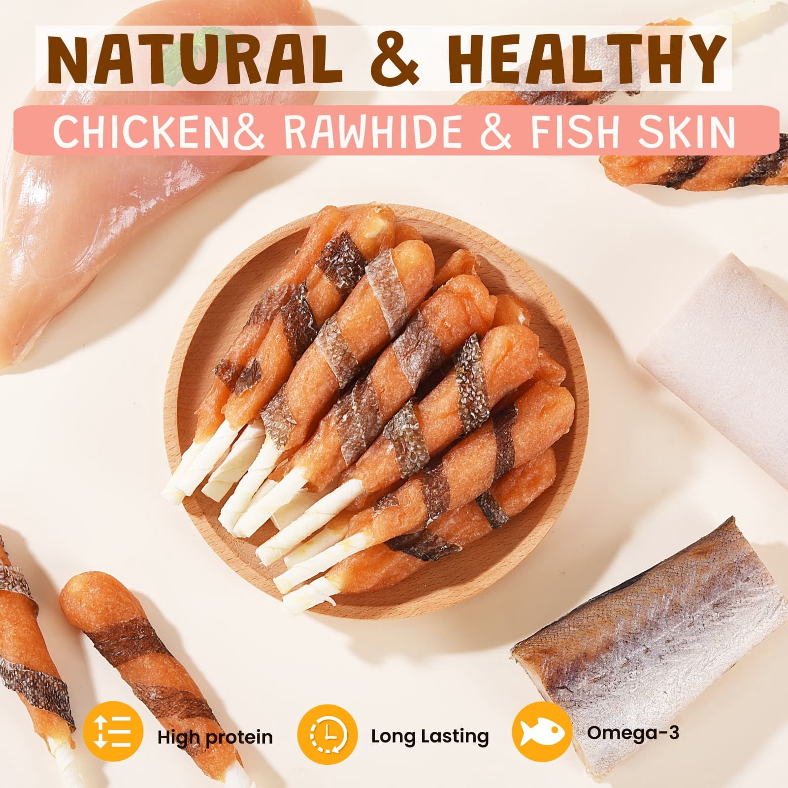 (2 pack) ASMPET Chicken Wrapped Dog Treats, Rawhide & Cod Skin Dental Chew, 10.6 oz