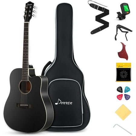 Donner Acoustic Guitar Kit for Beginner, 41'' Cutaway Right Hand Black, DAG-1CB