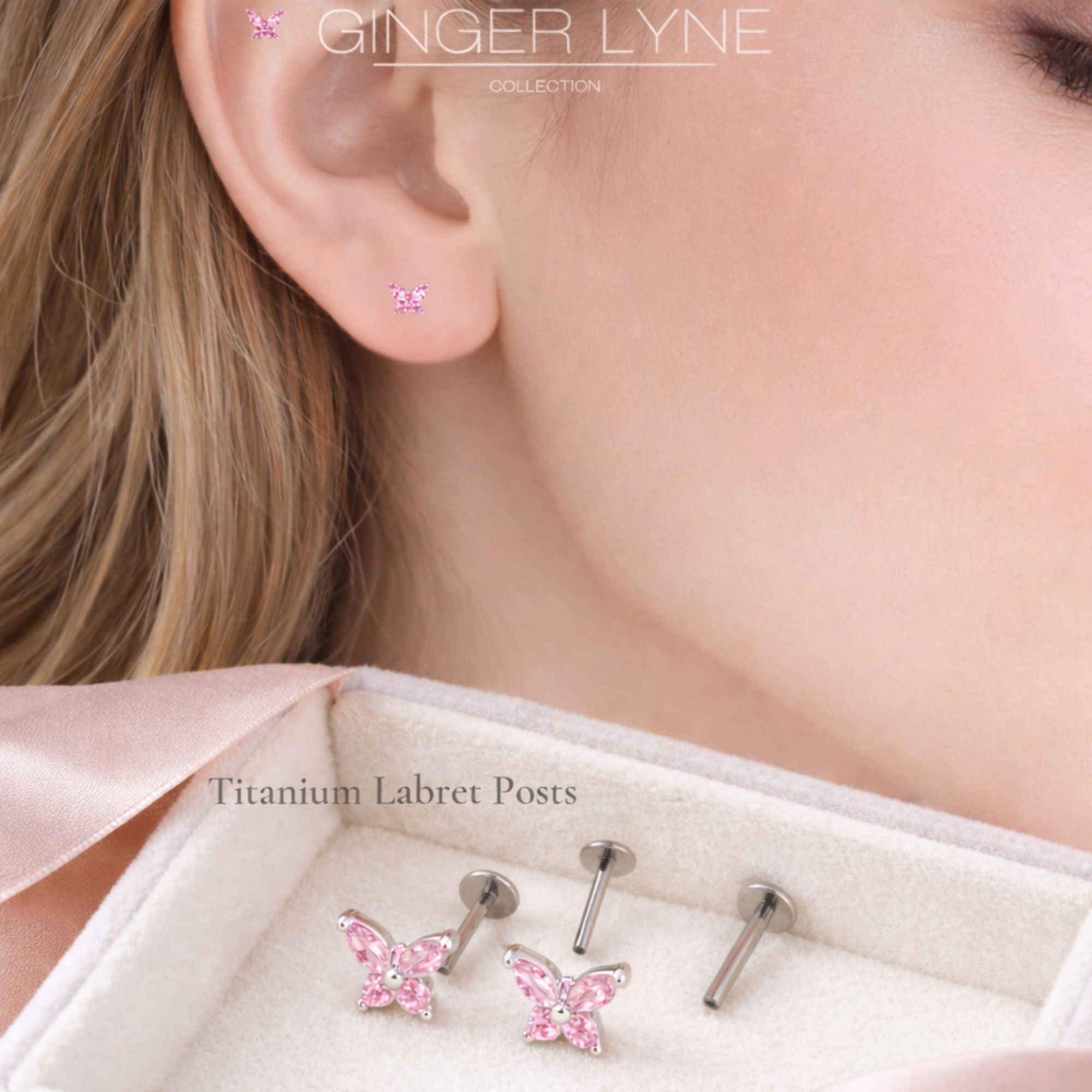 Small Butterfly CZ Solitaire Flat Back Stud Earrings Titanium Body Piercings by Ginger Lyne 2 Sets Post 6mm 8mm
